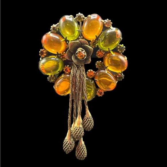 Verified ALICE CAVINESS Fall Color Cabochon Chained Dangle Brooch & Earrings - Picture 3 of 5